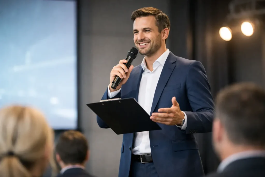 Voditelj poslovnog eventa koji drži program